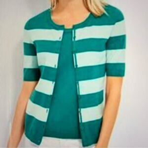 NWT Talbots Deep Aqua Striped Elbow Sleeve Cardigan